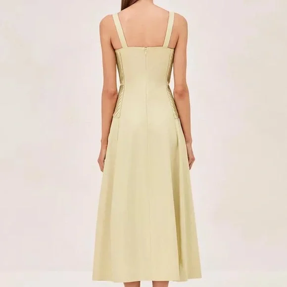 Alexis Pale Yellow Midi Dress with Square Neck - Picture 3 of 7